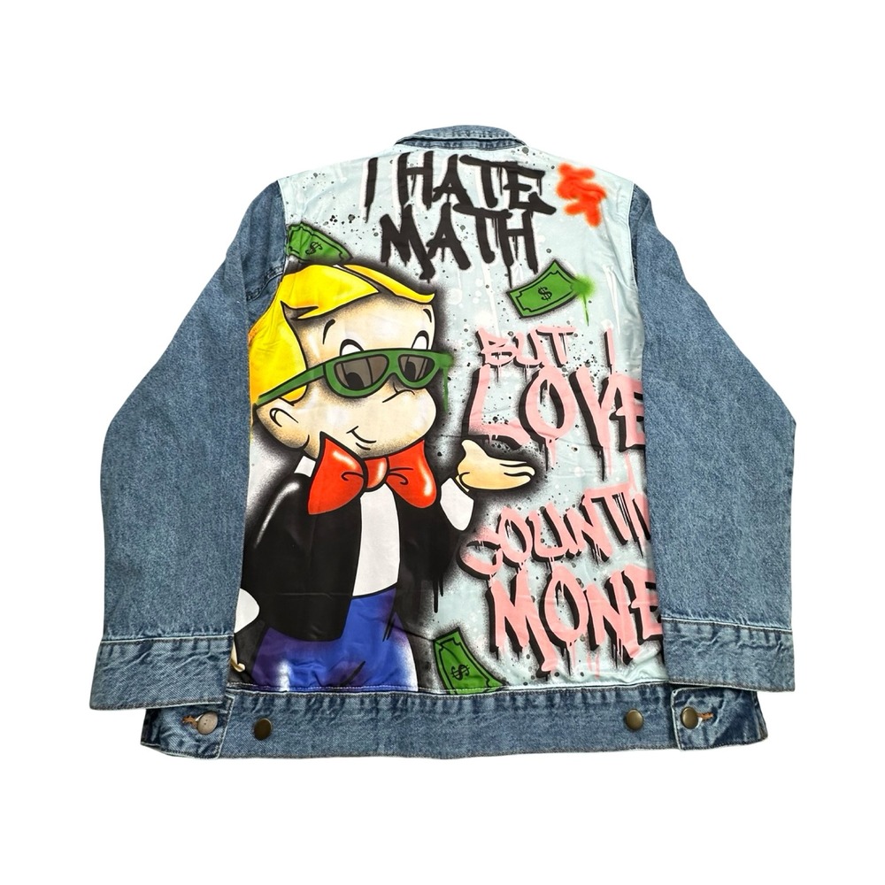 Richie Rich Denim Jacket Mens XL Blue I Hate Math Graphic Acid Wash Trucker Coat